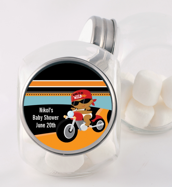 Motorcycle African American Baby Boy - Personalized Baby Shower Candy Jar