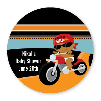 Motorcycle African American Baby Boy - Round Personalized Baby Shower Sticker Labels