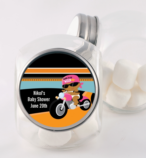 Motorcycle African American Baby Girl - Personalized Baby Shower Candy Jar