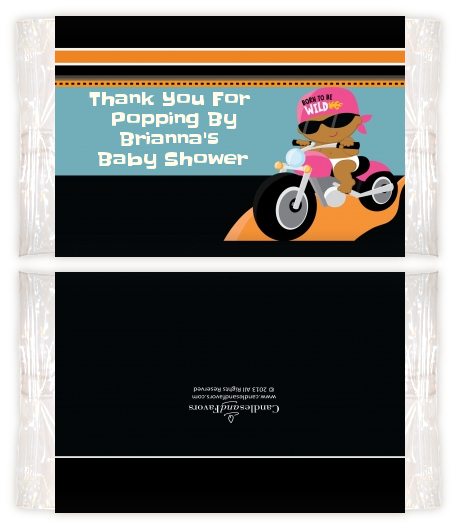 Motorcycle African American Baby Girl - Personalized Popcorn Wrapper Baby Shower Favors