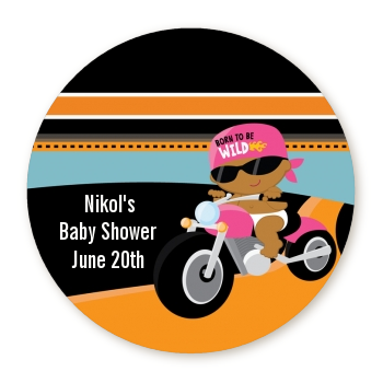 Motorcycle African American Baby Girl - Round Personalized Baby Shower Sticker Labels