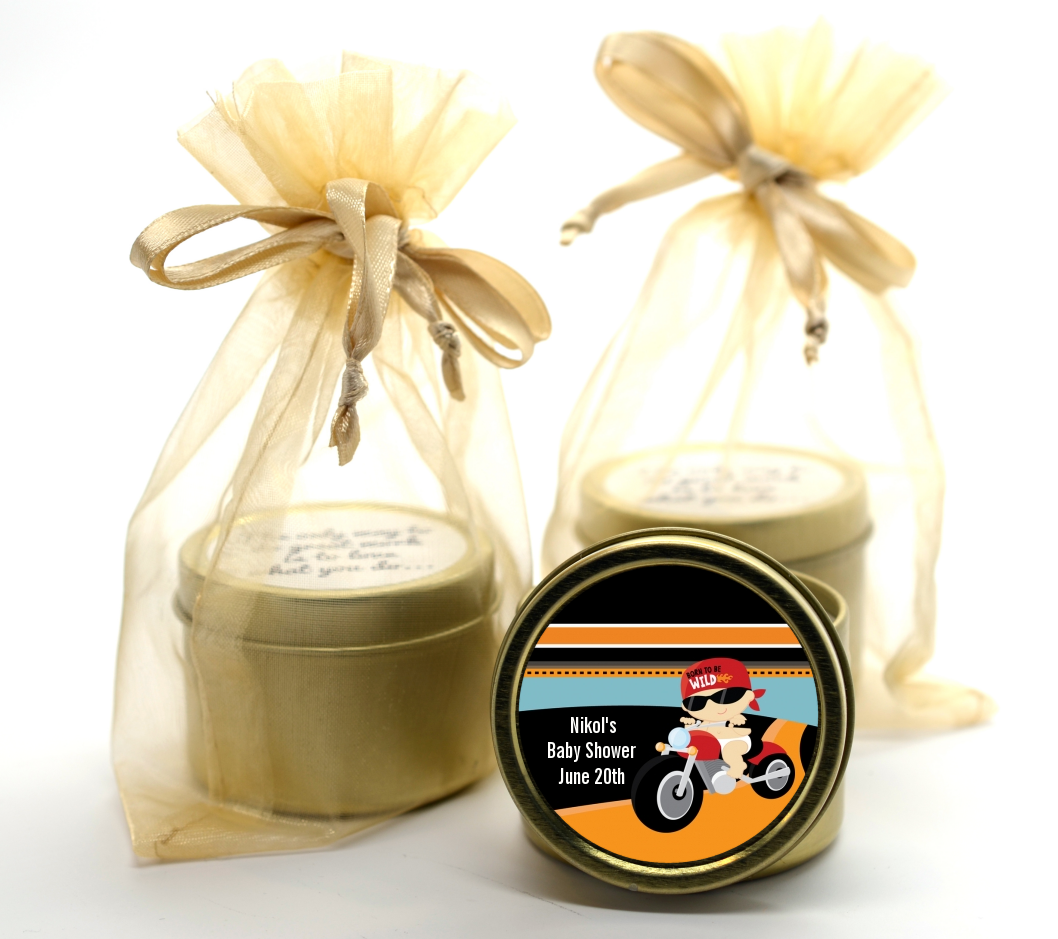 Motorcycle Baby - Baby Shower Gold Tin Candle Favors