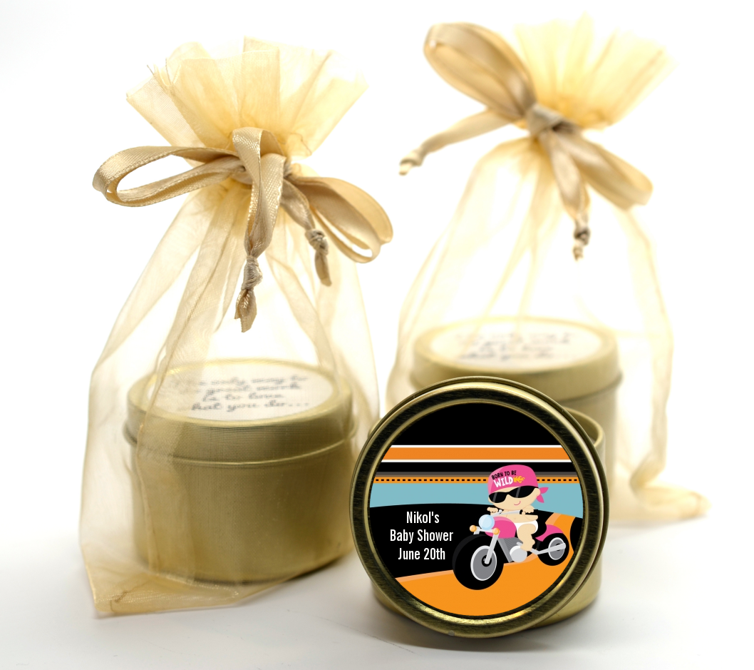 Motorcycle Baby Girl - Baby Shower Gold Tin Candle Favors