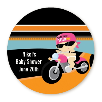 Motorcycle Baby Girl - Round Personalized Baby Shower Sticker Labels