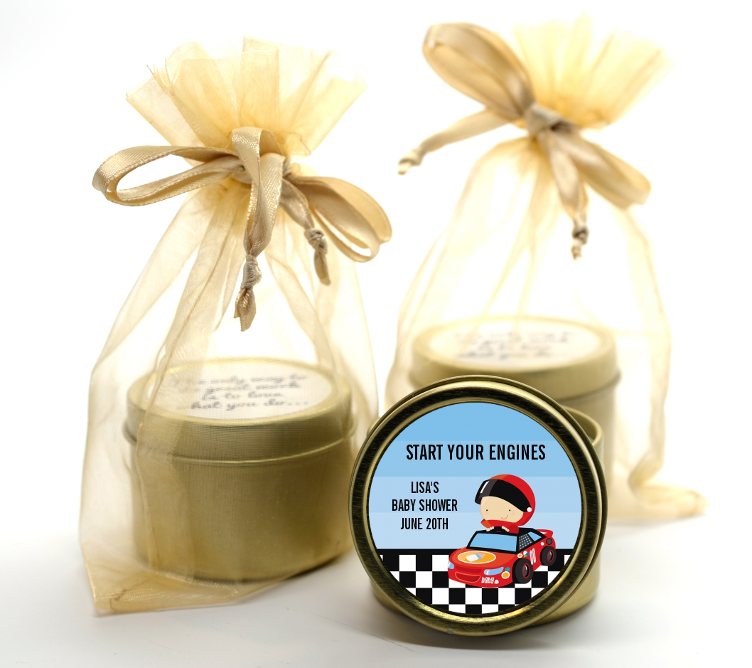 Nascar Inspired Racing - Baby Shower Gold Tin Candle Favors