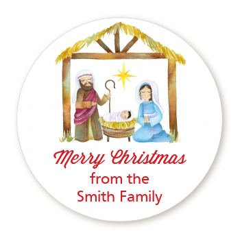 Nativity Watercolor - Round Personalized Christmas Sticker Labels