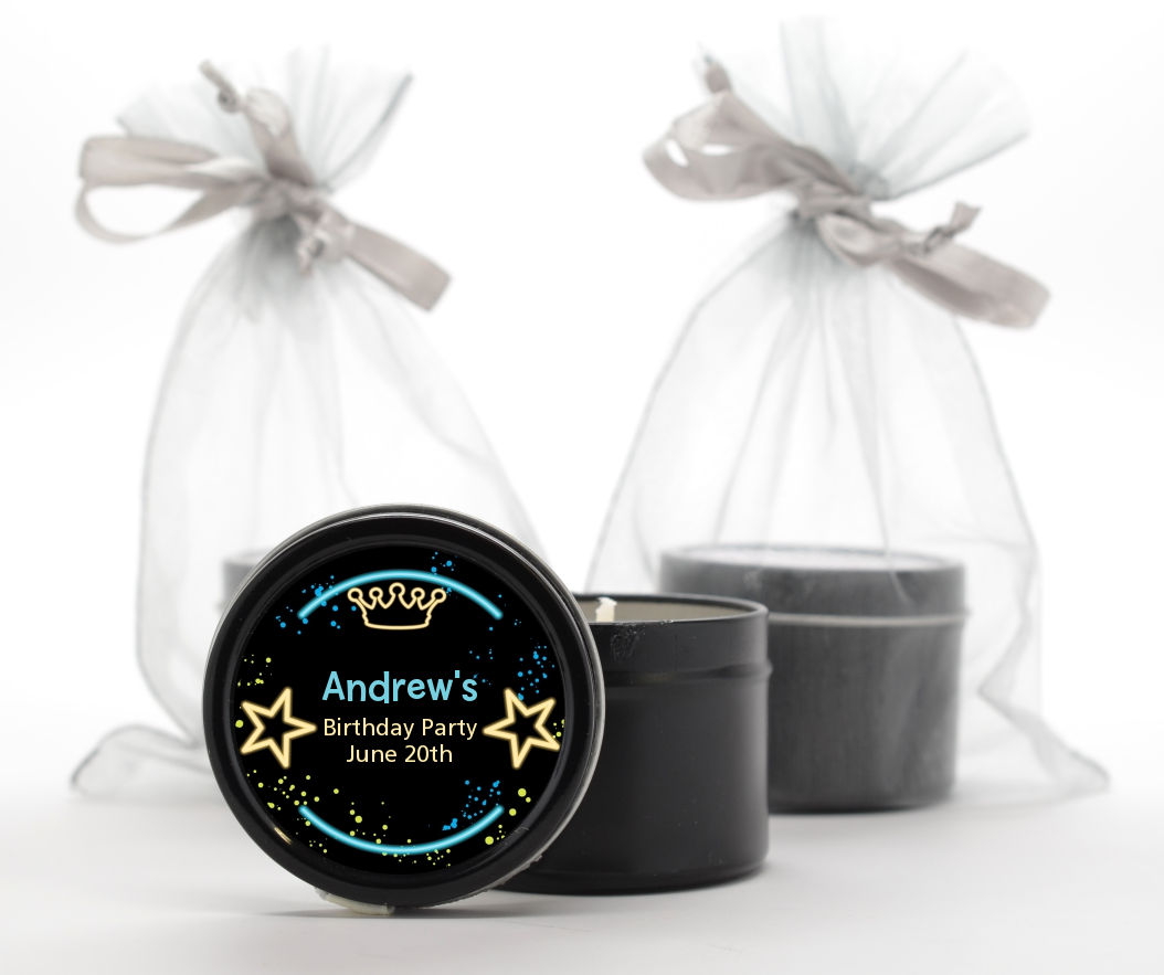 Neon Blue Glow In The Dark - Birthday Party Black Candle Tin Favors