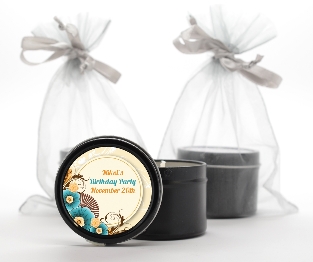 Orange & Blue Floral - Birthday Party Black Candle Tin Favors
