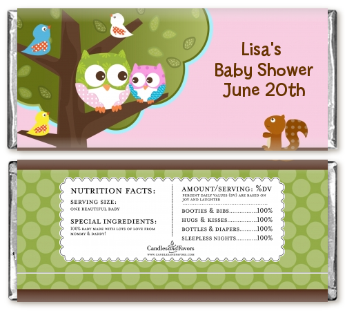 Owl - Look Whooo's Having A Girl - Personalized Baby Shower Candy Bar Wrappers