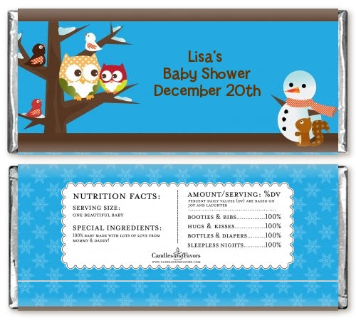 Owl - Winter Theme or Christmas - Personalized Baby Shower Candy Bar Wrappers