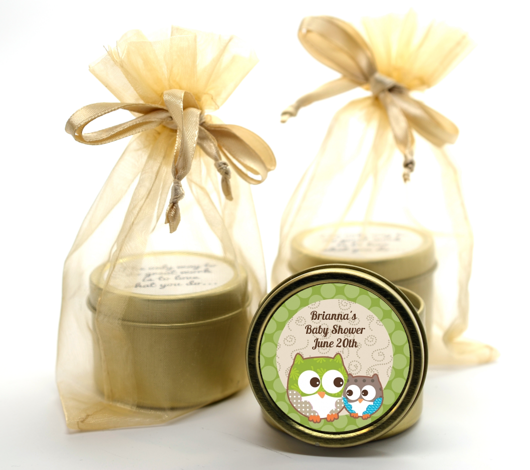 Owl - Look Whooo's Having A Baby - Baby Shower Gold Tin Candle Favors