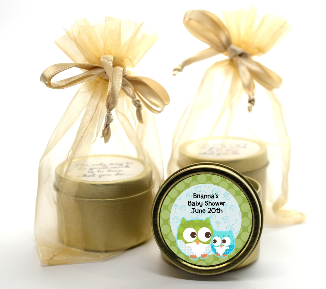 Owl - Look Whooo's Having A Boy - Baby Shower Gold Tin Candle Favors
