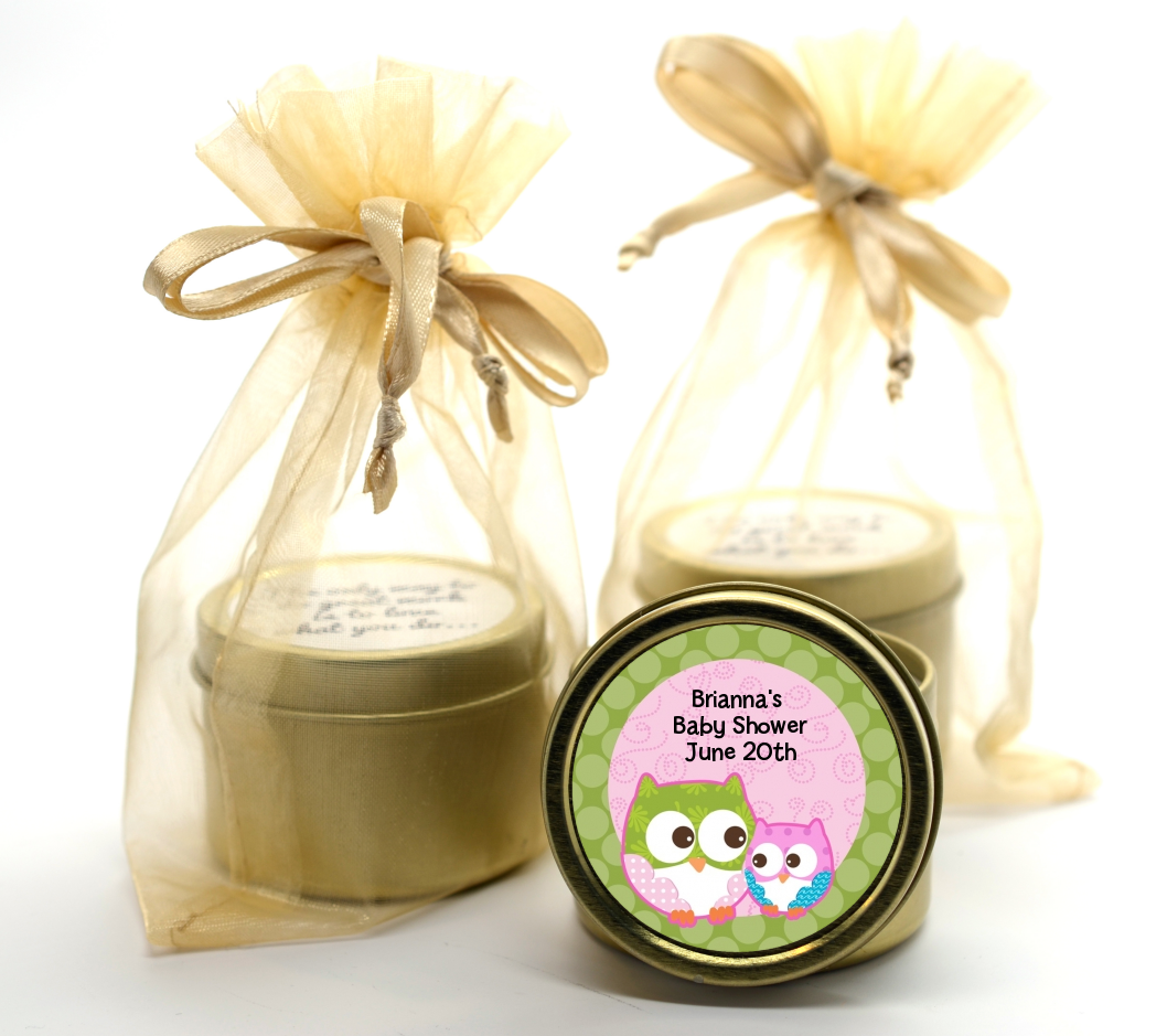 Owl - Look Whooo's Having A Girl - Baby Shower Gold Tin Candle Favors