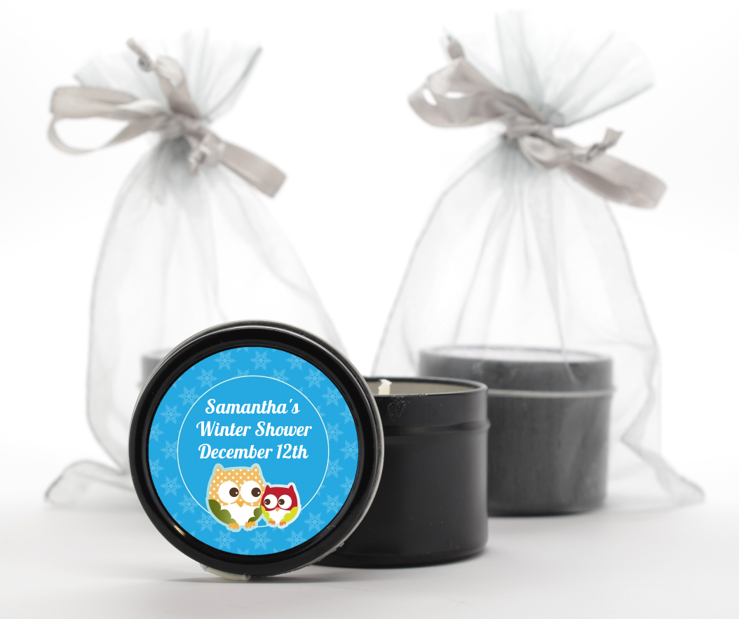 Owl - Winter Theme or Christmas - Baby Shower Black Candle Tin Favors