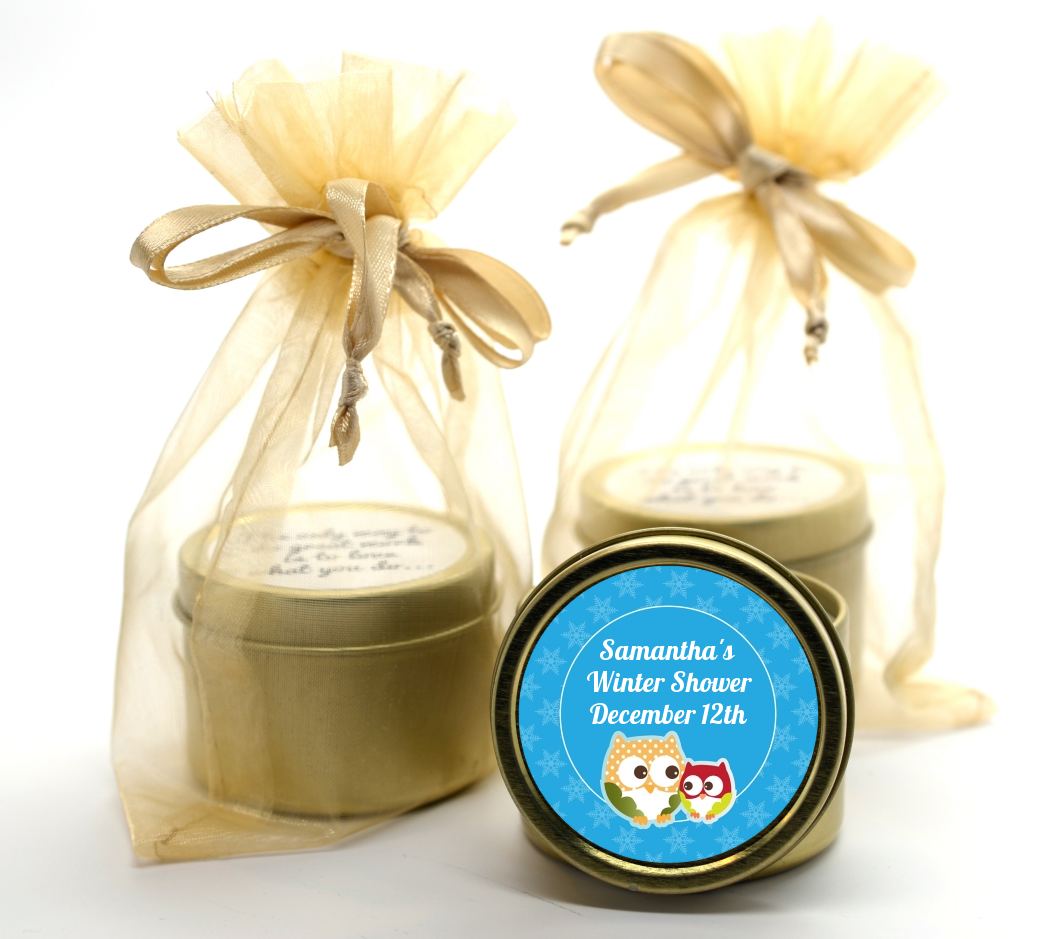 Owl - Winter Theme or Christmas - Baby Shower Gold Tin Candle Favors