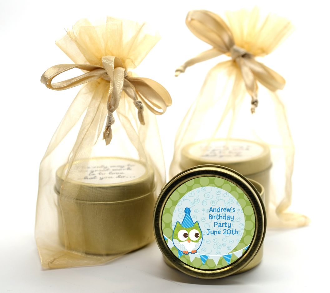 Owl Birthday Boy - Birthday Party Gold Tin Candle Favors