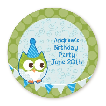 Owl Birthday Boy - Round Personalized Birthday Party Sticker Labels