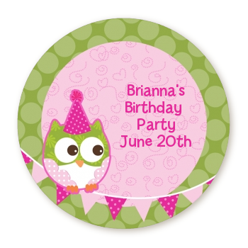 Owl Birthday Girl - Round Personalized Birthday Party Sticker Labels