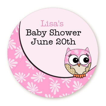 Owl Pink - Round Personalized Baby Shower Sticker Labels