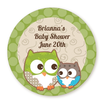 Owl - Look Whooo's Having A Baby - Round Personalized Baby Shower Sticker Labels