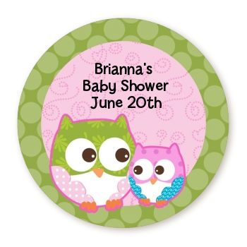 Owl - Look Whooo's Having A Girl - Round Personalized Baby Shower Sticker Labels