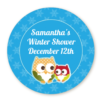 Owl - Winter Theme or Christmas - Round Personalized Baby Shower Sticker Labels