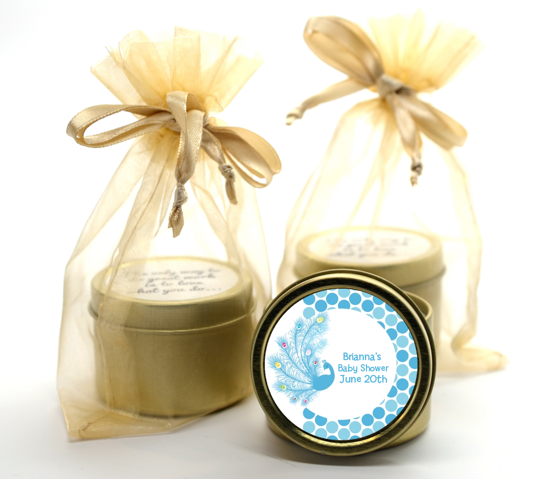 Peacock - Baby Shower Gold Tin Candle Favors