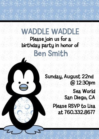 Penguin Blue - Birthday Party Invitations