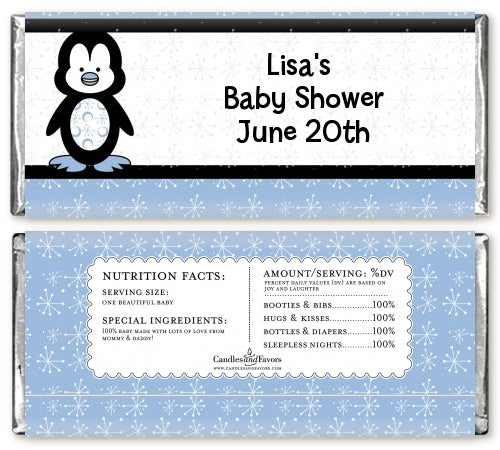 Penguin Blue - Personalized Baby Shower Candy Bar Wrappers