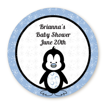 Penguin Blue - Round Personalized Baby Shower Sticker Labels