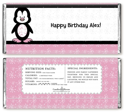 Penguin Pink - Personalized Birthday Party Candy Bar Wrappers
