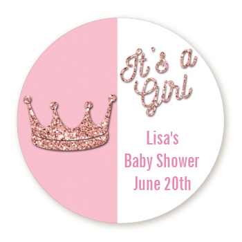 Pink Glitter Baby Crown - Round Personalized Baby Shower Sticker Labels