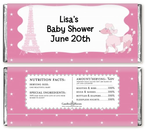 Pink Poodle in Paris - Personalized Baby Shower Candy Bar Wrappers