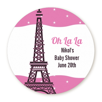 Pink Poodle in Paris - Round Personalized Baby Shower Sticker Labels