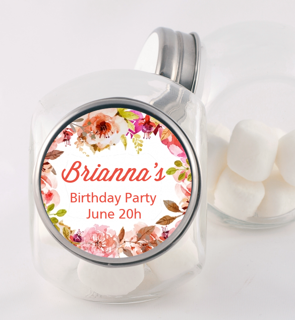 Pink Watercolor Flowers - Personalized Baby Shower Candy Jar