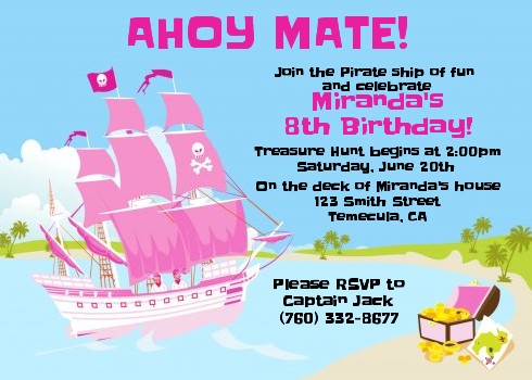 Pirate Ship Girl - Birthday Party Invitations