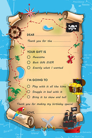 Pirate Treasure Map - Birthday Party Fill In Thank You Cards