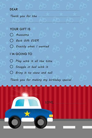 Police Car - Birthday Party Fill In Thank You Cards