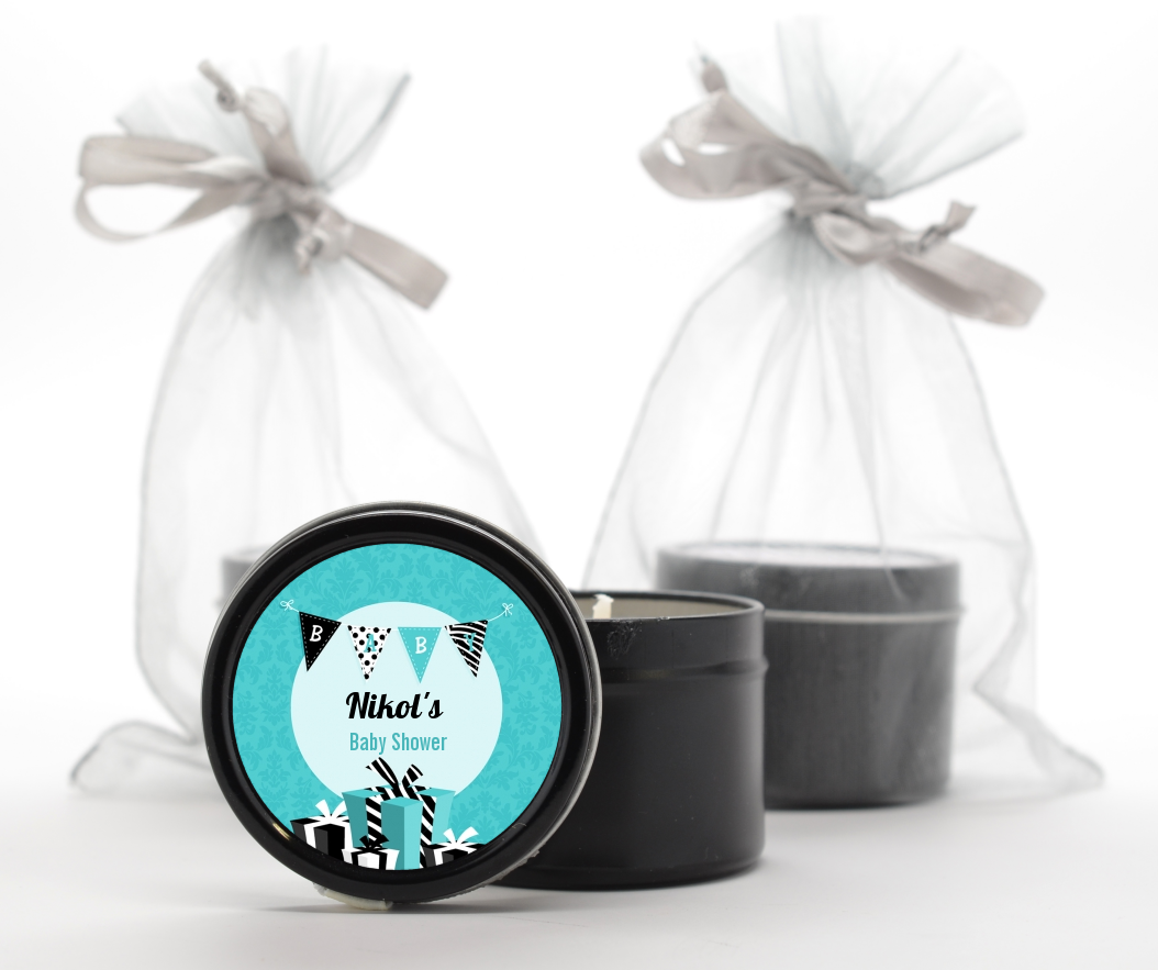 Posh Mom To Be Blue - Baby Shower Black Candle Tin Favors