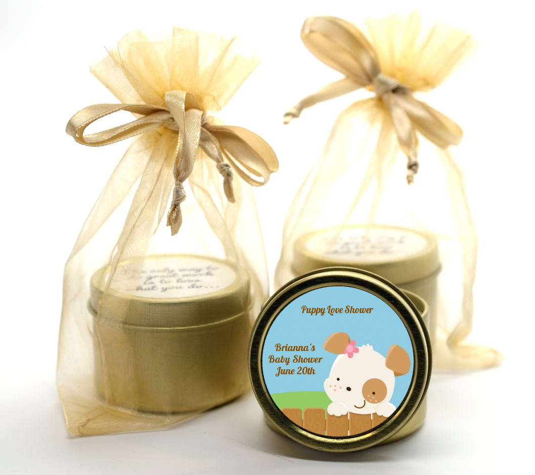 Puppy Dog Tails Girl - Baby Shower Gold Tin Candle Favors