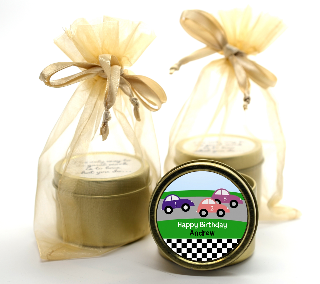 Race Car - Birthday Party Gold Tin Candle Favors