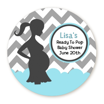 Ready To Pop Chevron Gray and Aqua - Round Personalized Baby Shower Sticker Labels