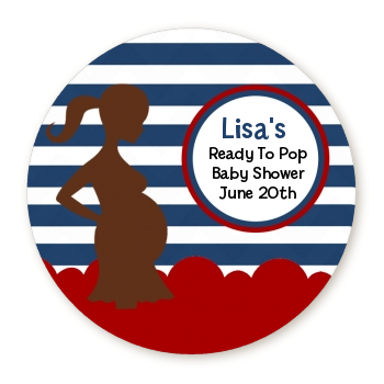 Ready To Pop Navy Blue Stripes and Red - Round Personalized Baby Shower Sticker Labels