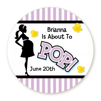 Ready To Pop Purple - Round Personalized Baby Shower Sticker Labels
