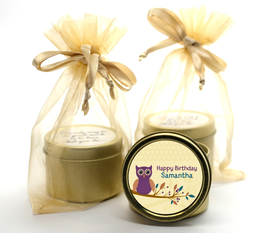 Retro Owl - Birthday Party Gold Tin Candle Favors