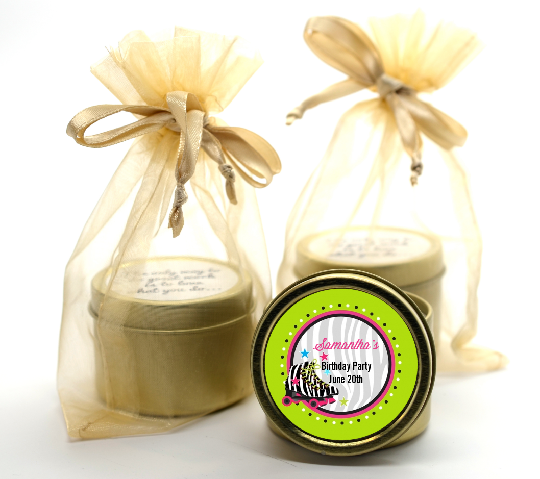 Retro Roller Skate Party - Birthday Party Gold Tin Candle Favors