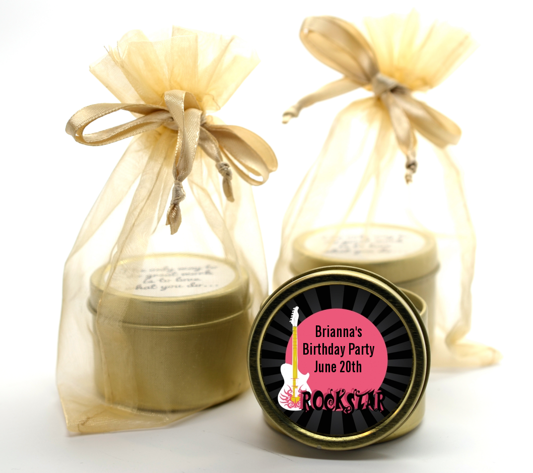 Rock Star Guitar Pink - Birthday Party Gold Tin Candle Favors