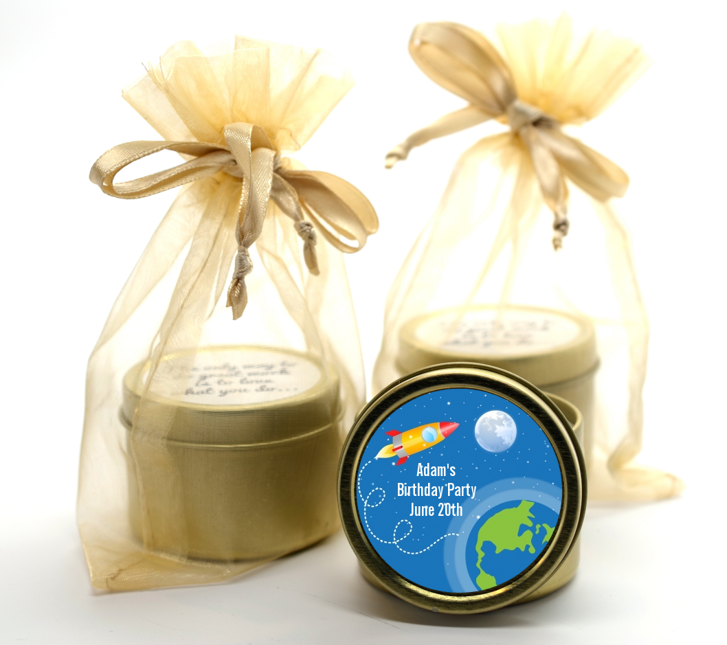 Rocket Ship - Birthday Party Gold Tin Candle Favors