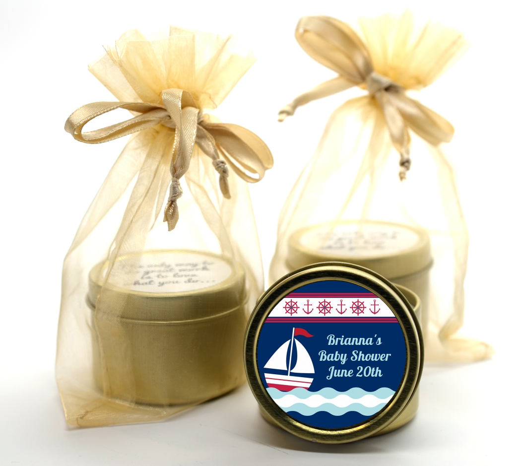 Sailboat Blue - Baby Shower Gold Tin Candle Favors