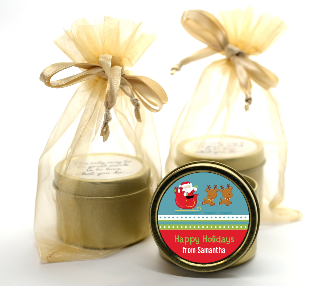 Santa And His Reindeer - Christmas Gold Tin Candle Favors